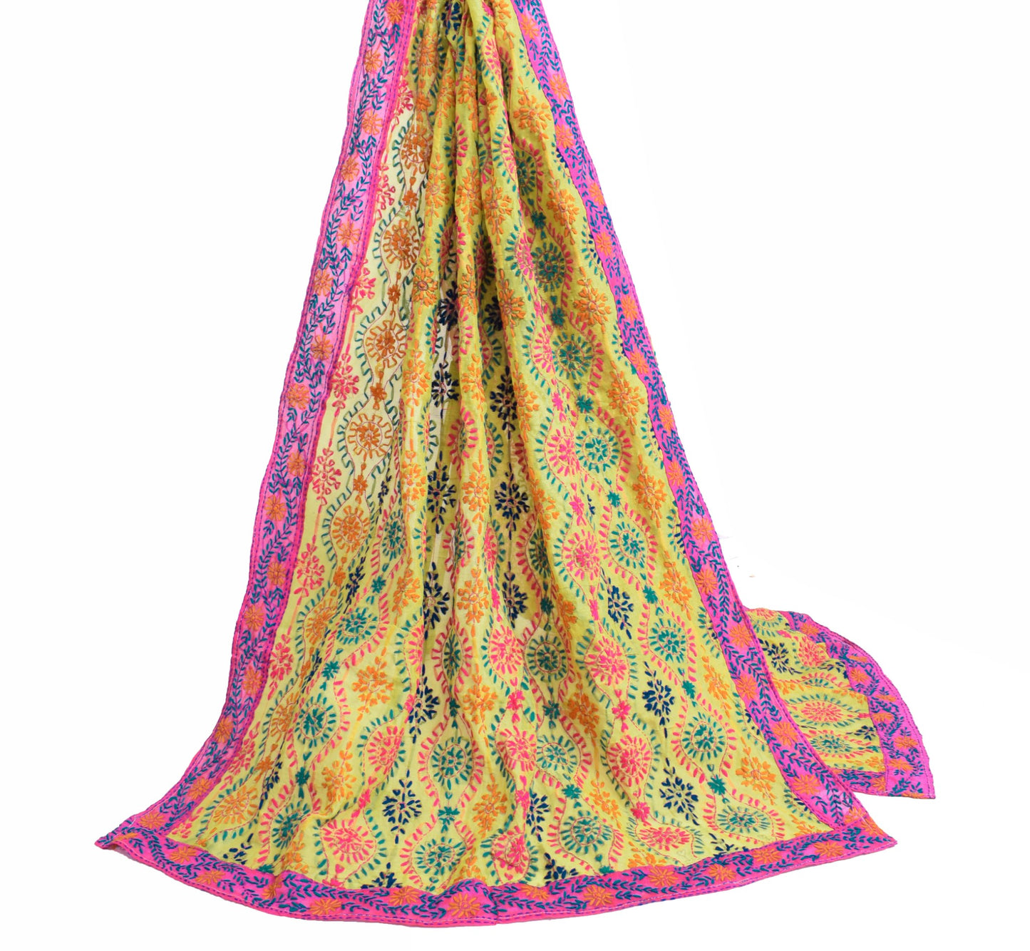 Sushila Vintage Green Silk Dupatta Floral Hand Embroidered Ethnic Long Stole