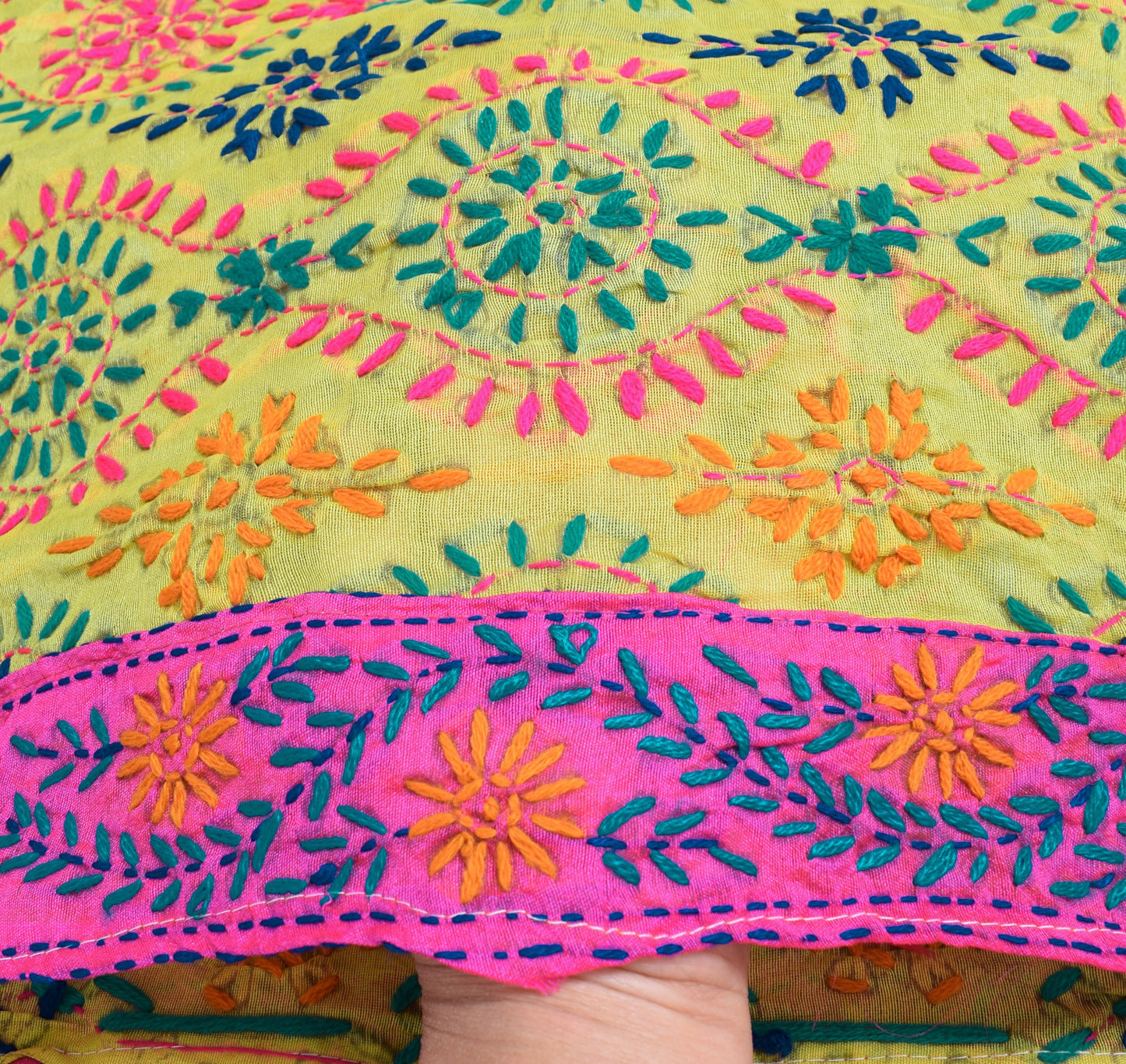 Sushila Vintage Green Silk Dupatta Floral Hand Embroidered Ethnic Long Stole
