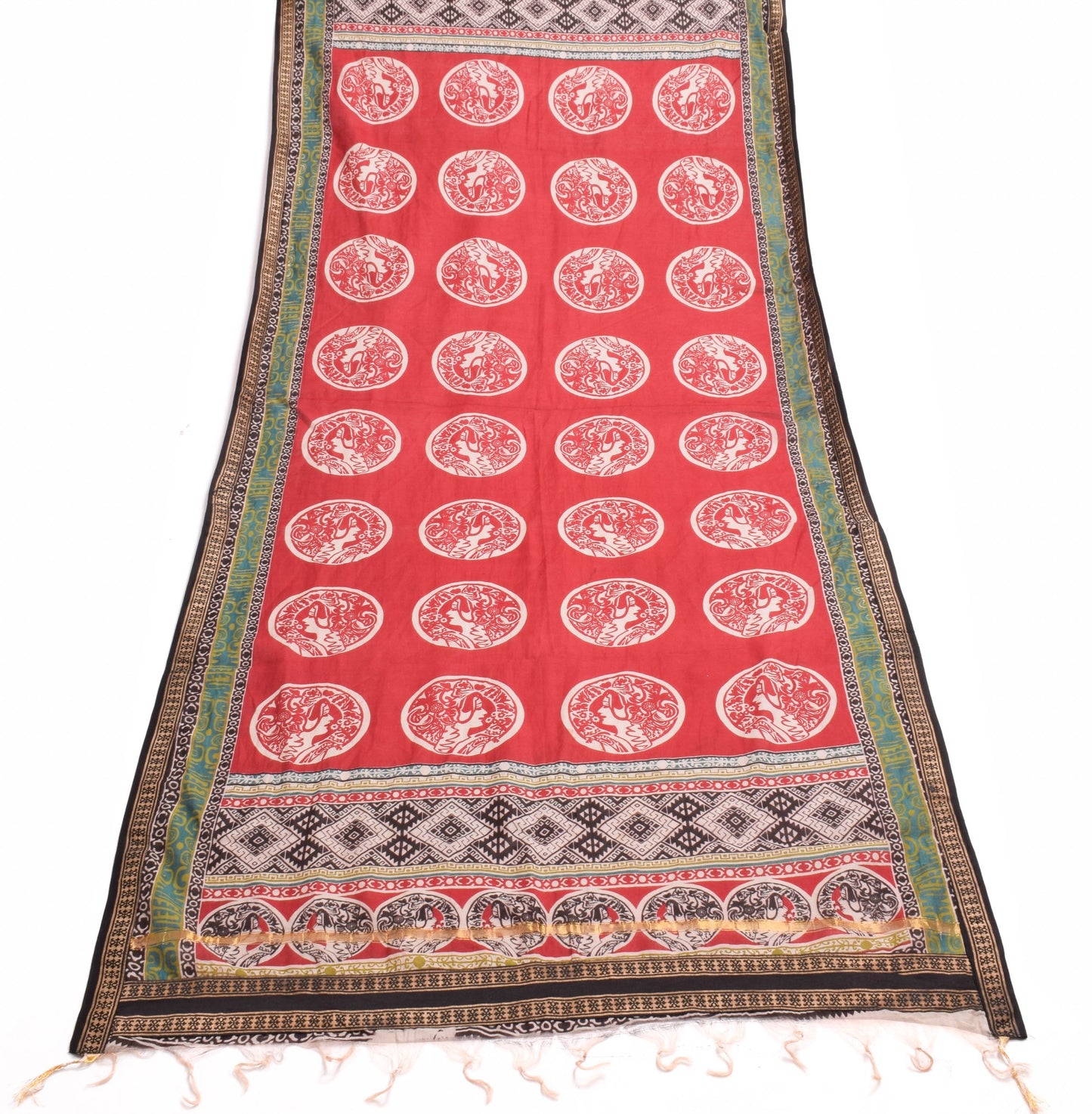 Sushila Vintage Dark Red 100% Pure Cotton Dupatta Human Printed Long Stole Veil