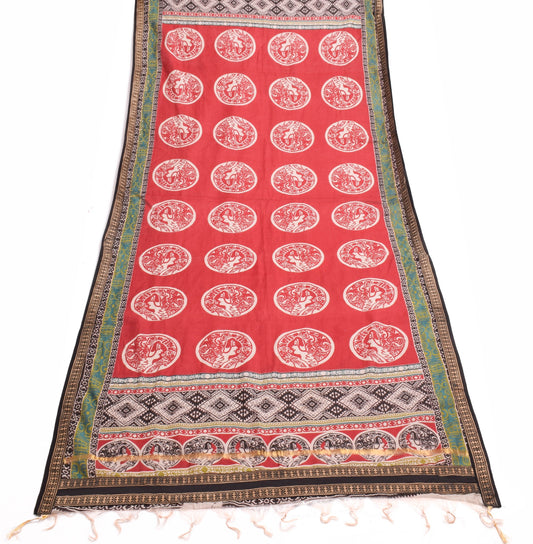 Sushila Vintage Dark Red 100% Pure Cotton Dupatta Human Printed Long Stole Veil