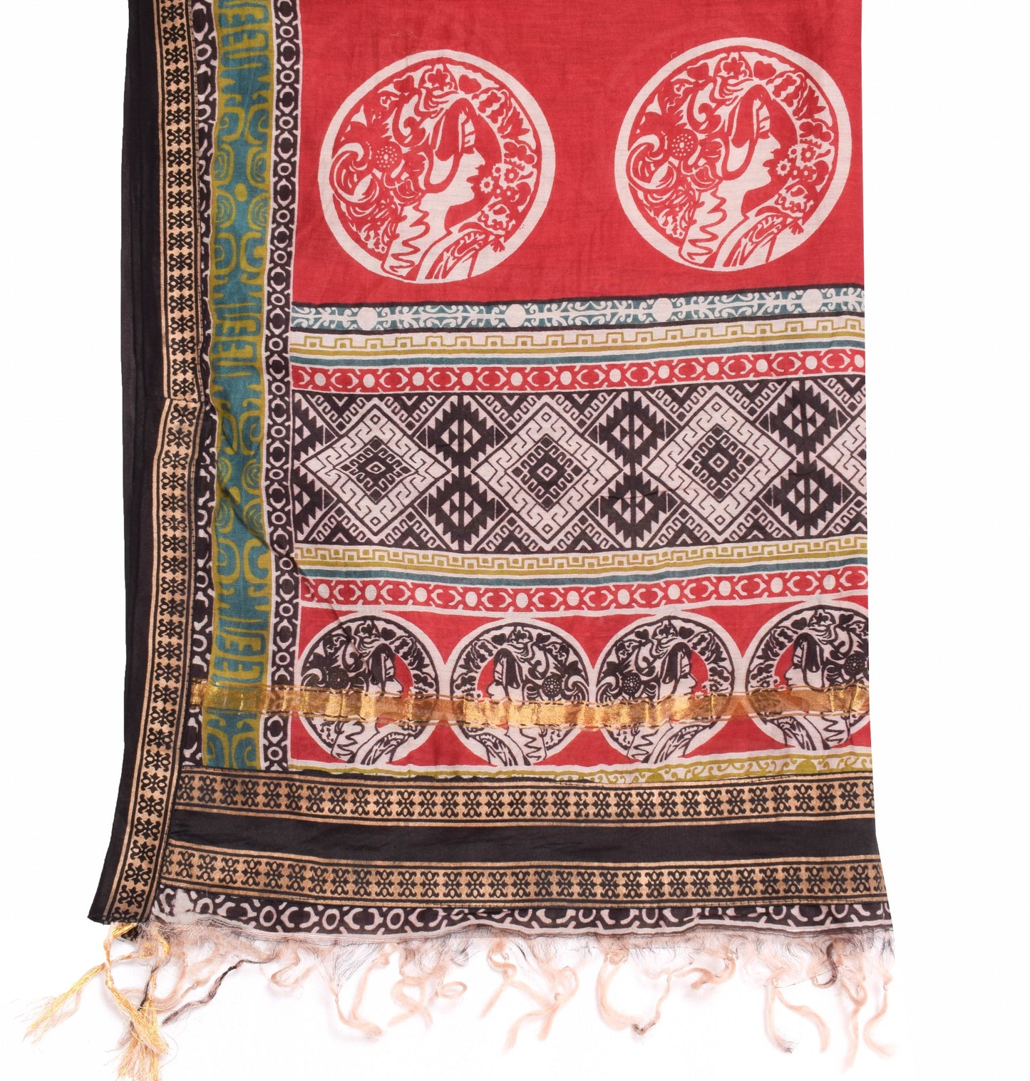 Sushila Vintage Dark Red 100% Pure Cotton Dupatta Human Printed Long Stole Veil