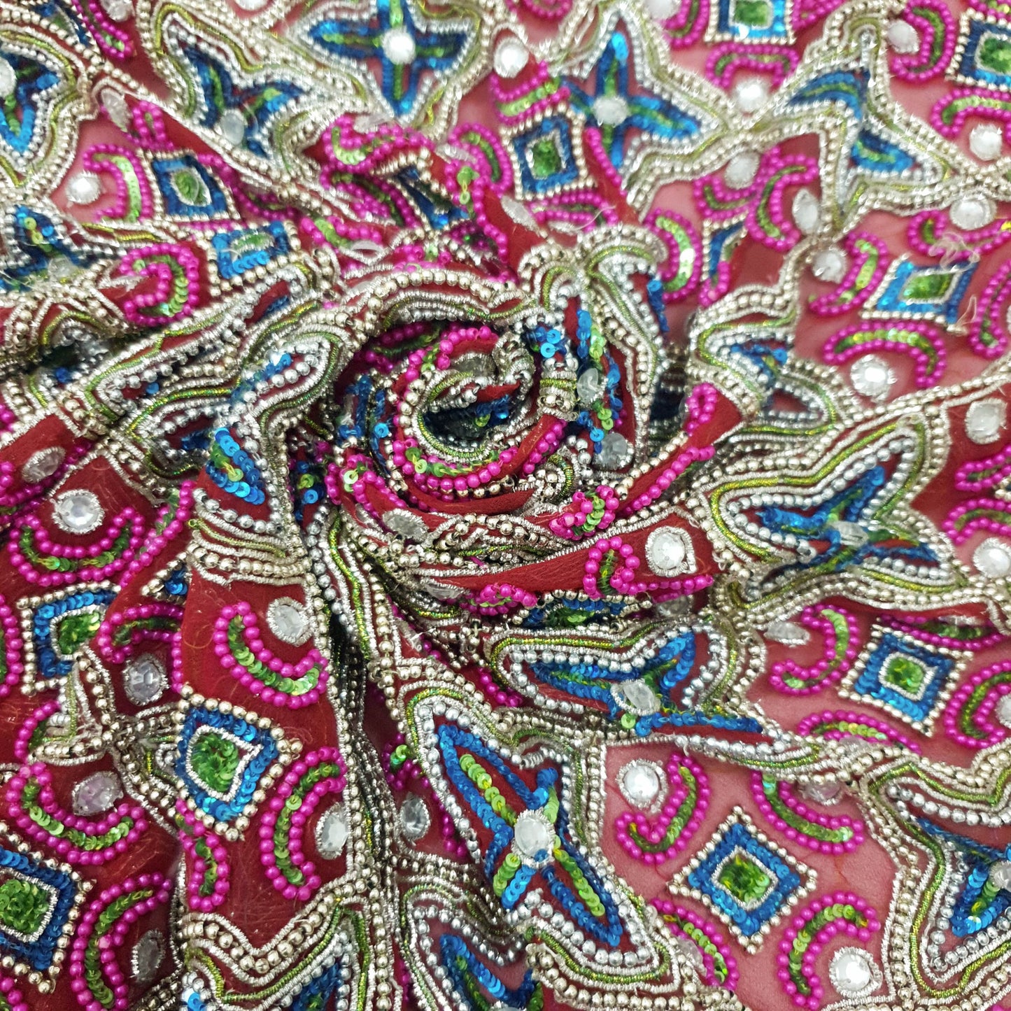 Sushila Vintage Red Georgette Heavy Dupatta Plastic Beads Sequins Work Stole