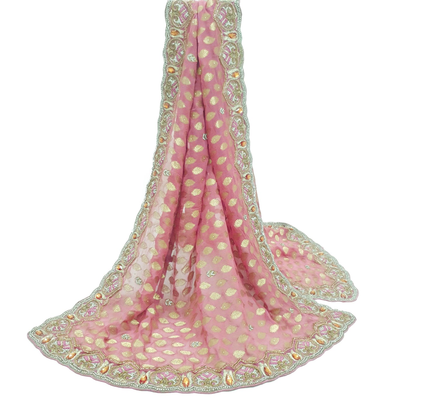 Sushila Vintage Pink Women Dupatta Georgette Zari Work Hand Beaded Chanderi Wrap