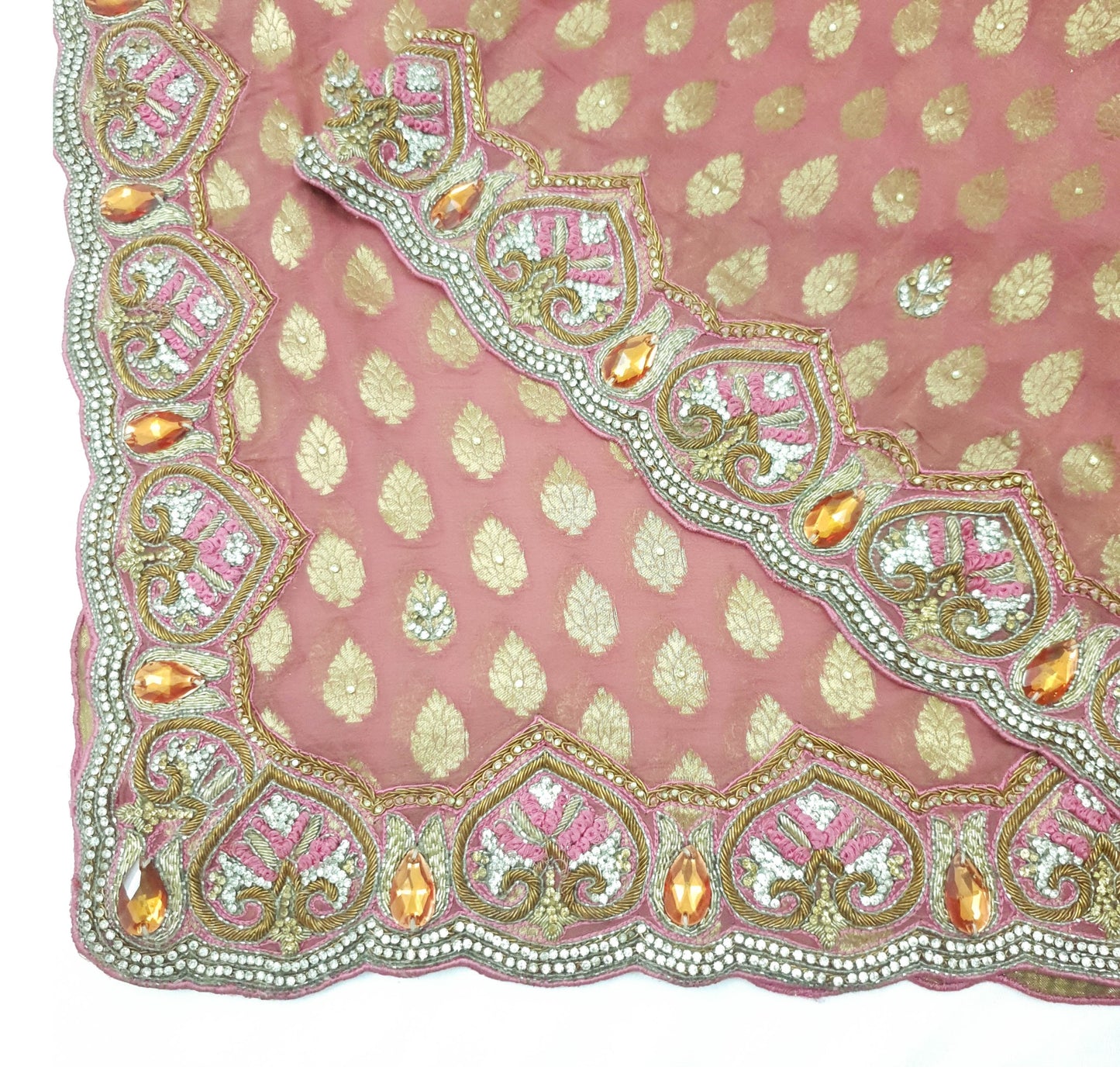 Sushila Vintage Pink Women Dupatta Georgette Zari Work Hand Beaded Chanderi Wrap