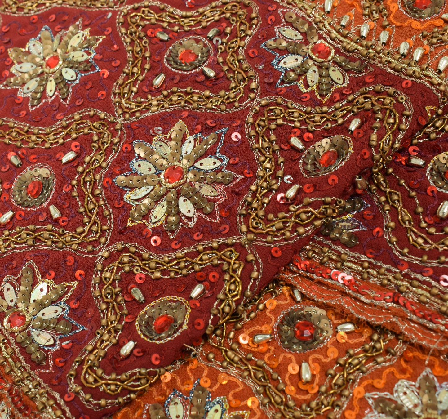 Sushila Vintage Orange Maroon Heavy Dupatta Sequins Embellish Wedding Long Stole