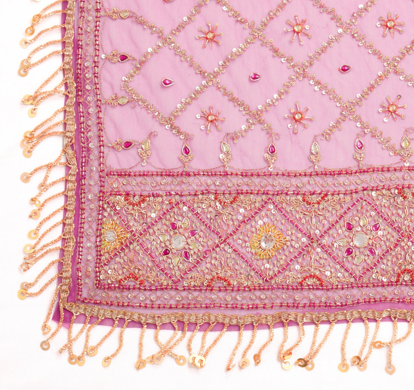 Sushila Vintage Dark Pink Net Dupatta with all over Sequins Jaal Work Long Stole