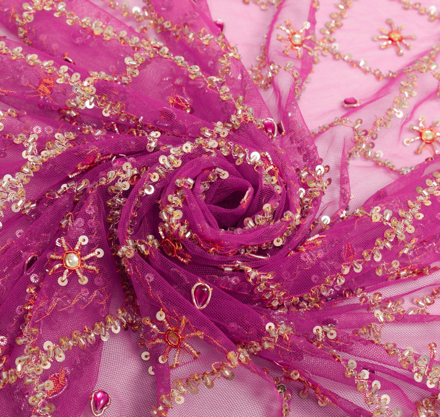 Sushila Vintage Dark Pink Net Dupatta with all over Sequins Jaal Work Long Stole