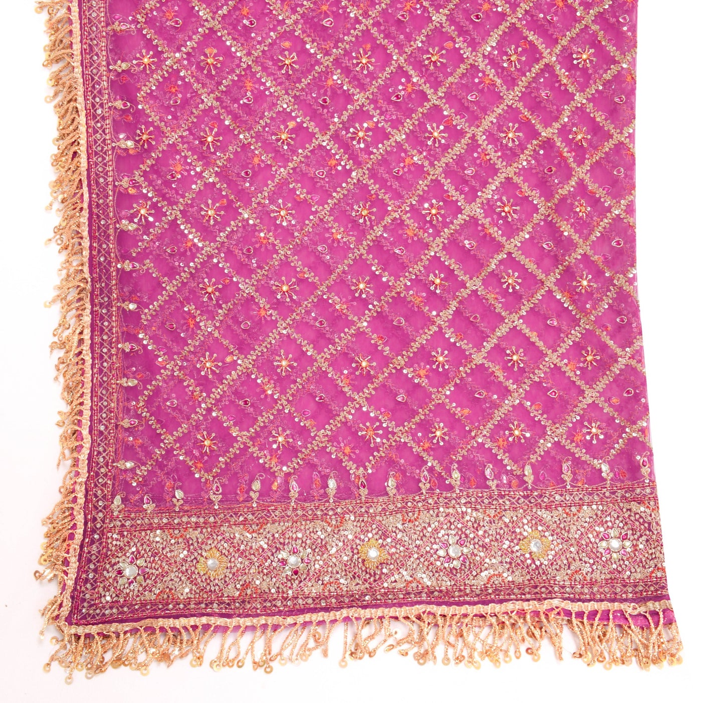 Sushila Vintage Dark Pink Net Dupatta with all over Sequins Jaal Work Long Stole