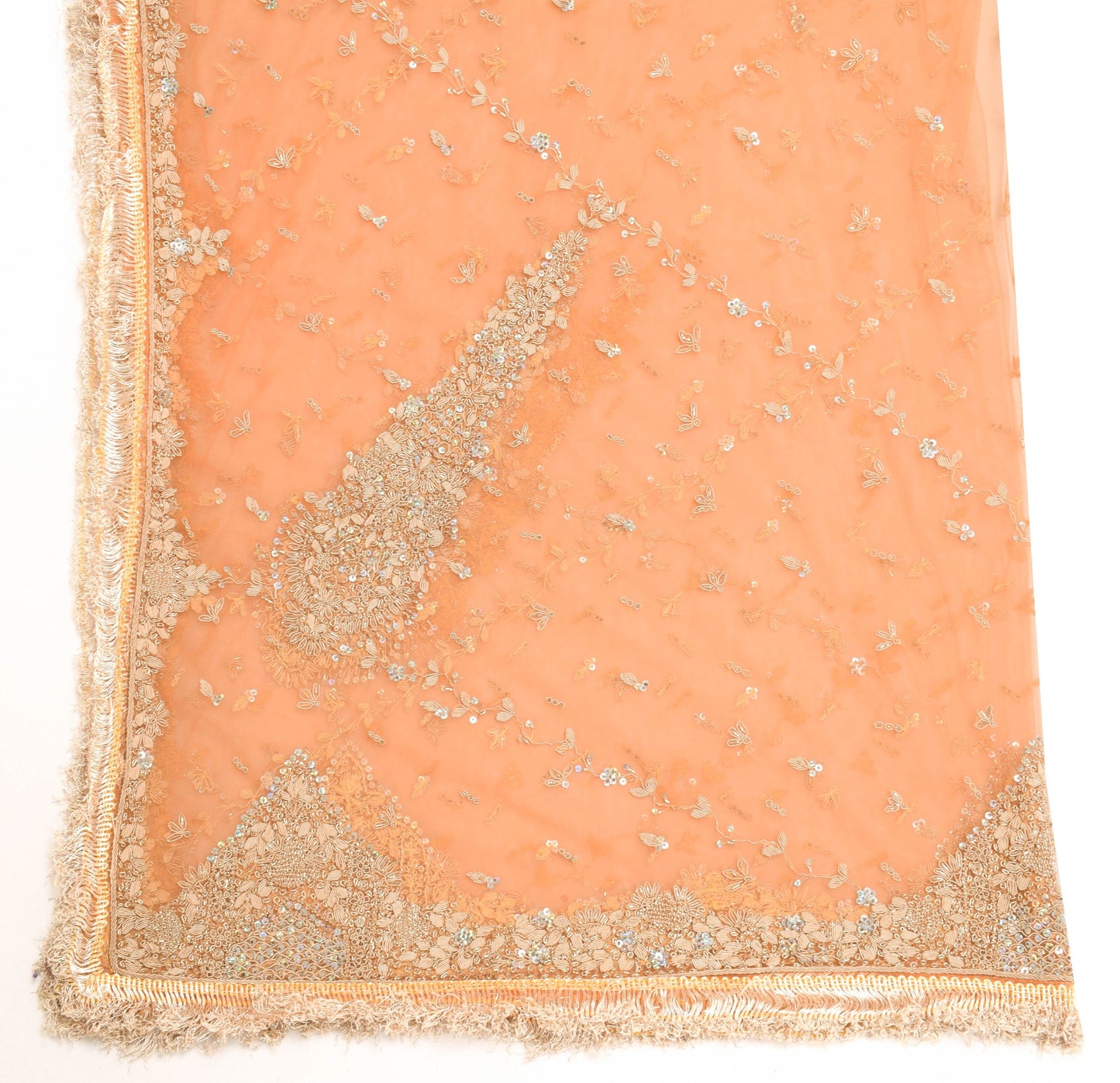 Sushila Vintage Bridal Orange Dupatta Zari Embellish Fringed Net Long Stole Wrap