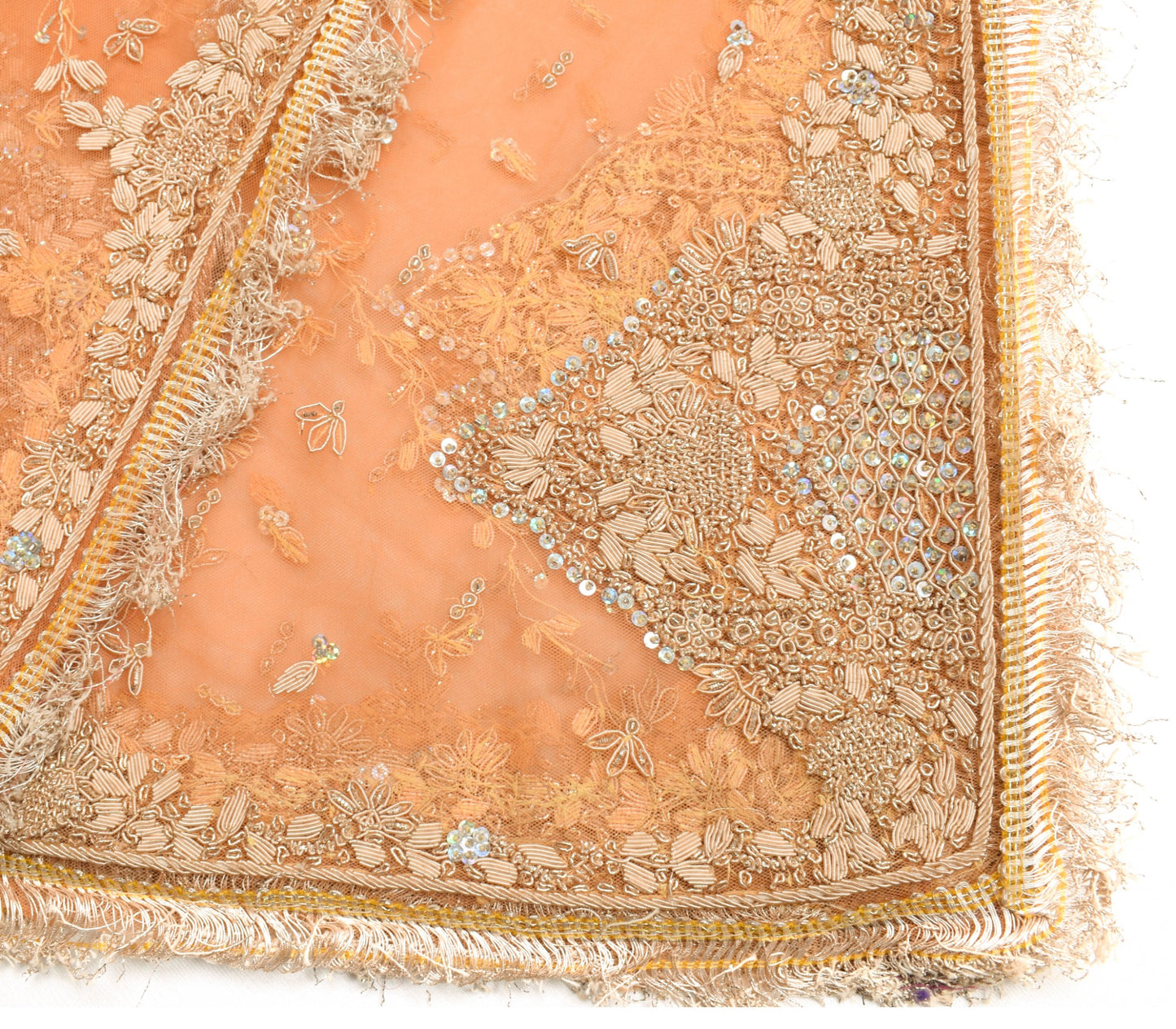 Sushila Vintage Bridal Orange Dupatta Zari Embellish Fringed Net Long Stole Wrap