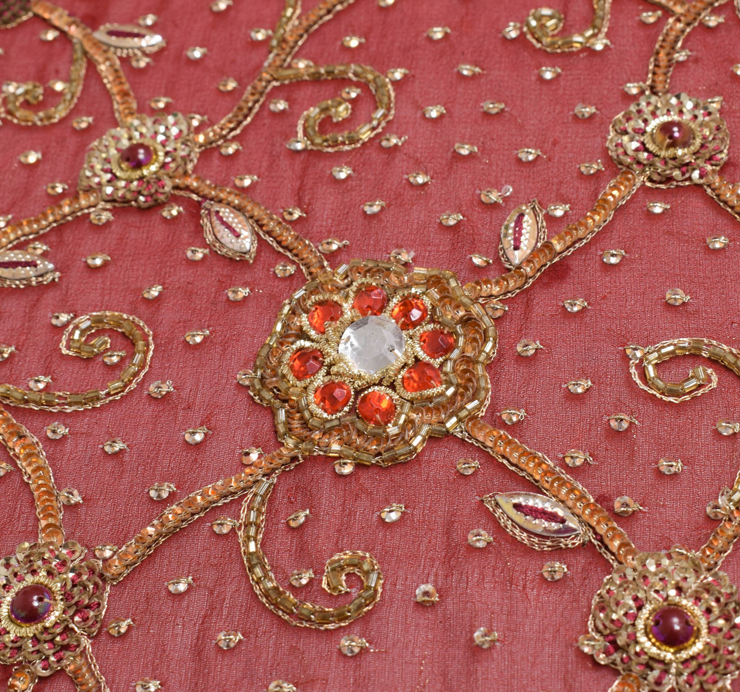 Sushila Vintage Red Heavy Bridal Dupatta Sequins Embellish Georgette Long Stole