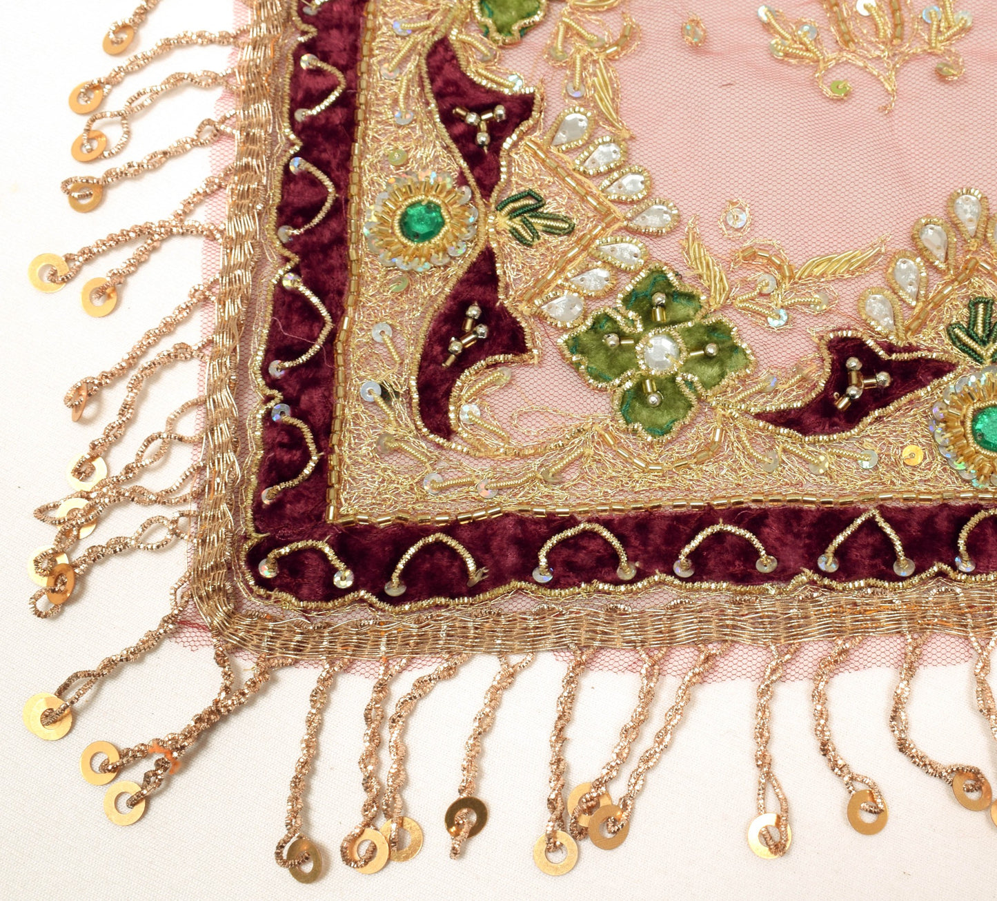 Sushila Vintage Red Net Velvet Fringed Dupatta Hand Beaded Bridal Long Stole