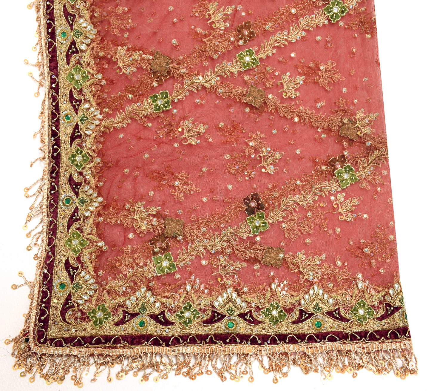 Sushila Vintage Red Net Velvet Fringed Dupatta Hand Beaded Bridal Long Stole