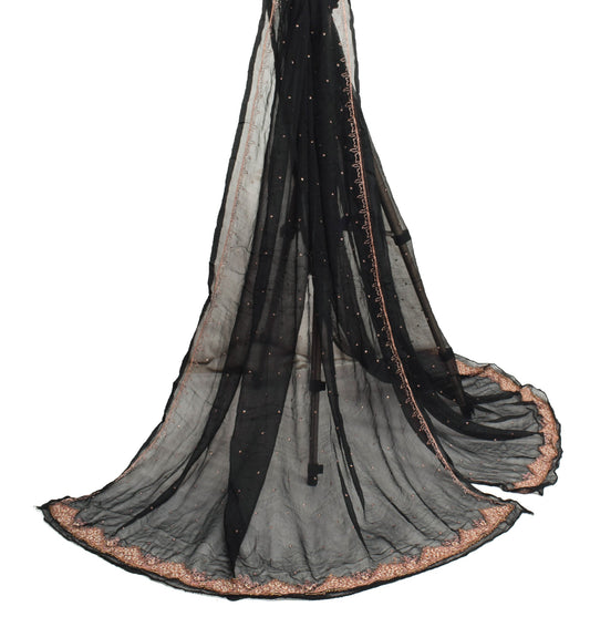 Sushila Vintage Black Zari Embroidered Dupatta Pure Chiffon Silk Soft Long Stole