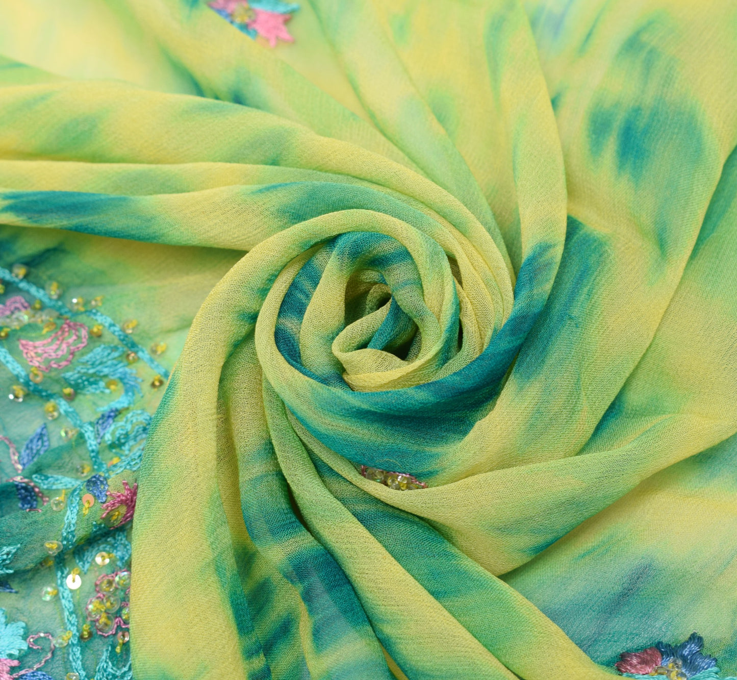Sushila Vintage Yellow Tie-Dye Dupatta Pure Georgette Floral Long Stole Scarves