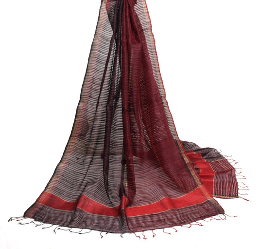 Sushila Vintage Black & Maroon Dupatta 100% Pure Silk Stripes Woven Long Stole