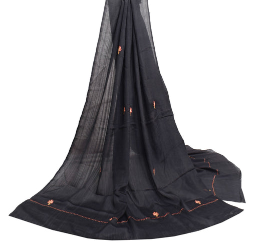 Sushila Vintage Black Dupatta Hand Embroidered Pure Silk Floral Long Stole Hijab