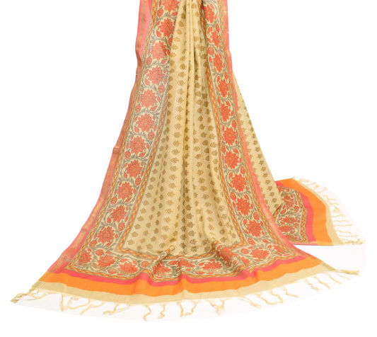 Sushila Vintage Beige Dupatta 100% Pure Silk Hand Printed Indian Long Stole Veil