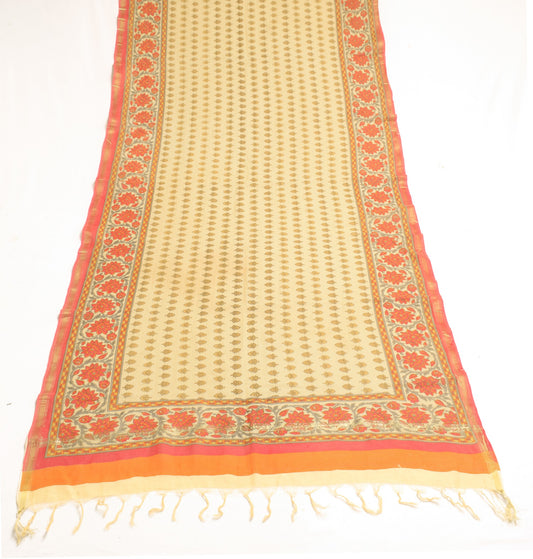 Sushila Vintage Beige Dupatta 100% Pure Silk Hand Printed Indian Long Stole Veil
