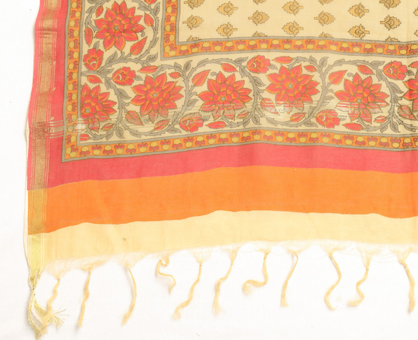 Sushila Vintage Beige Dupatta 100% Pure Silk Hand Printed Indian Long Stole Veil