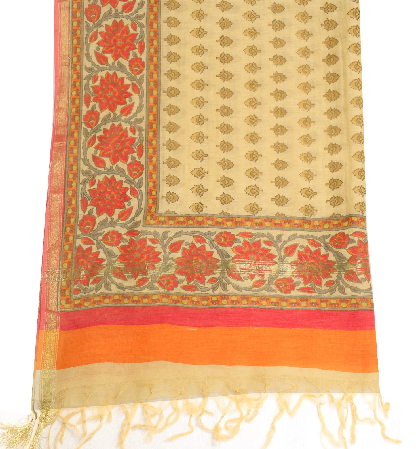 Sushila Vintage Beige Dupatta 100% Pure Silk Hand Printed Indian Long Stole Veil