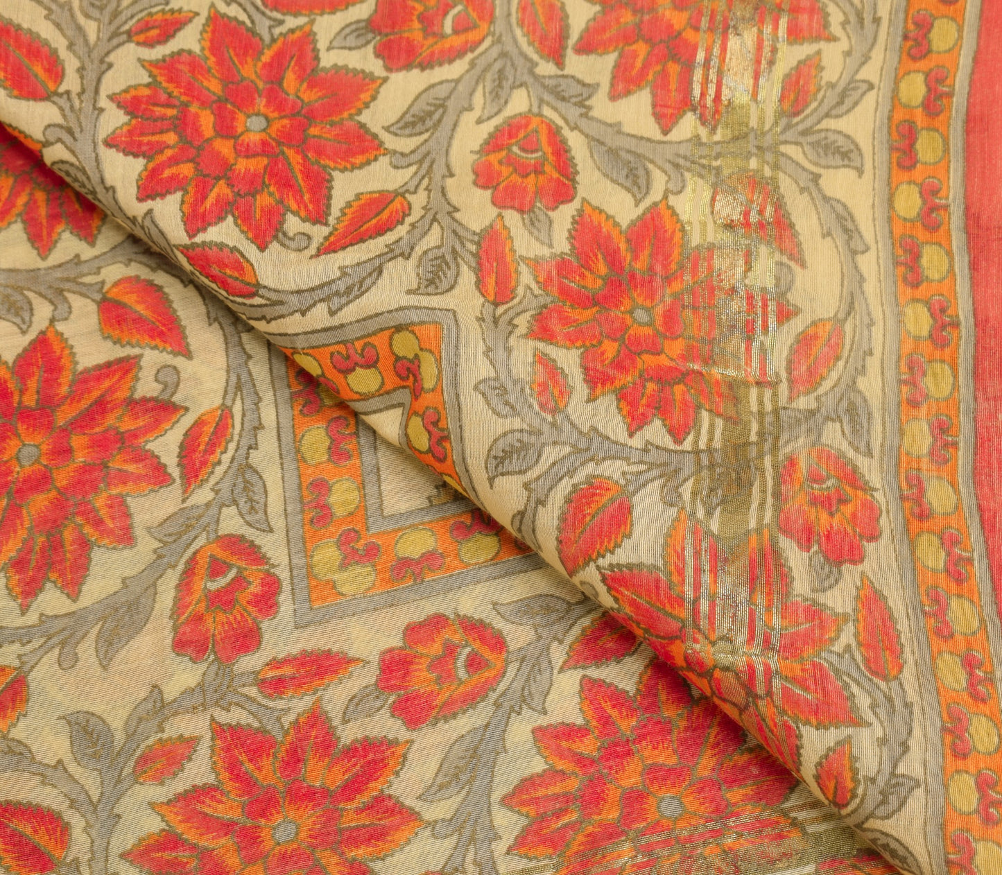 Sushila Vintage Beige Dupatta 100% Pure Silk Hand Printed Indian Long Stole Veil