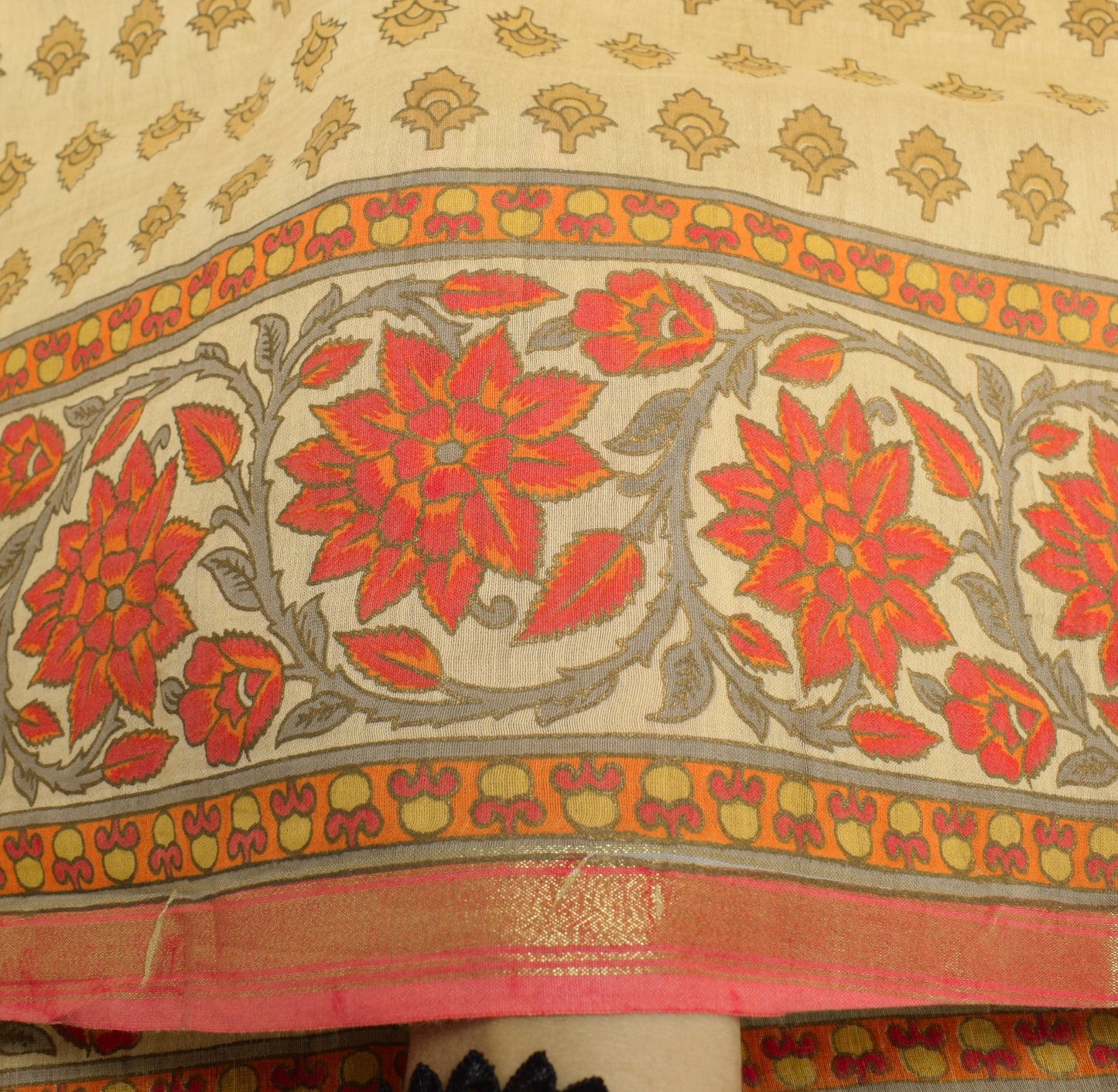 Sushila Vintage Beige Dupatta 100% Pure Silk Hand Printed Indian Long Stole Veil