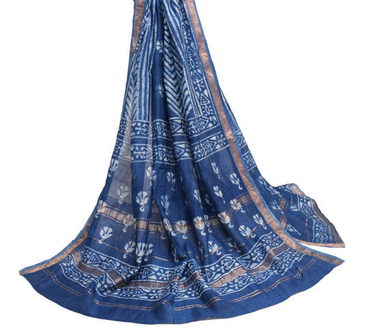 Sushila Vintage Blue Pure Cotton Dupatta Hand Block Printed Soft Long Stole Veil