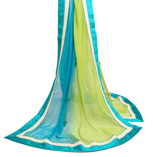 Sushila Vintage Green & Blue Dupatta Pure Chiffon Patch Work Border Long Stole