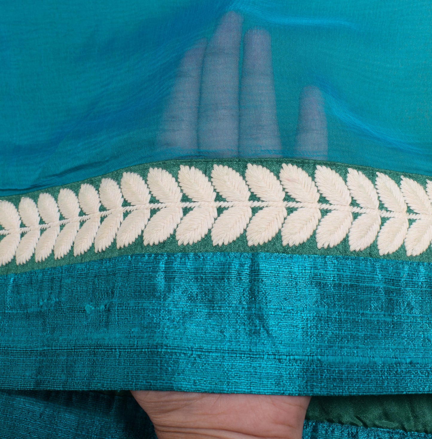 Sushila Vintage Green & Blue Dupatta Pure Chiffon Patch Work Border Long Stole
