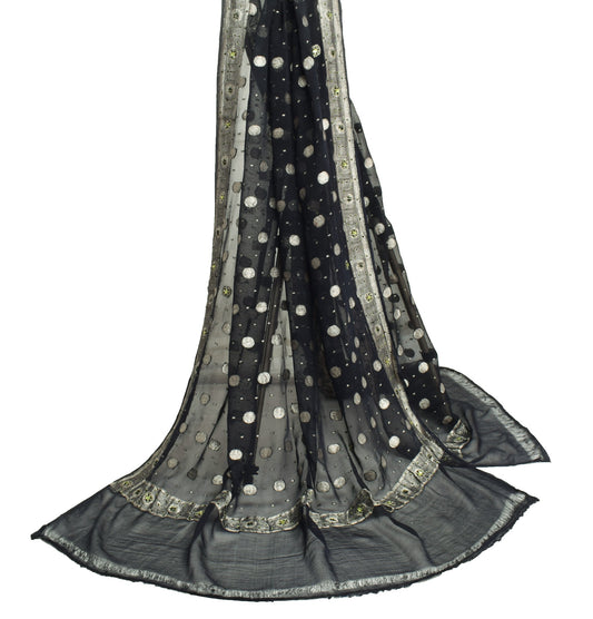 Sushila Vintage Black Dupatta Pure Georgette Zari Brocade Polka Dot Long Stole