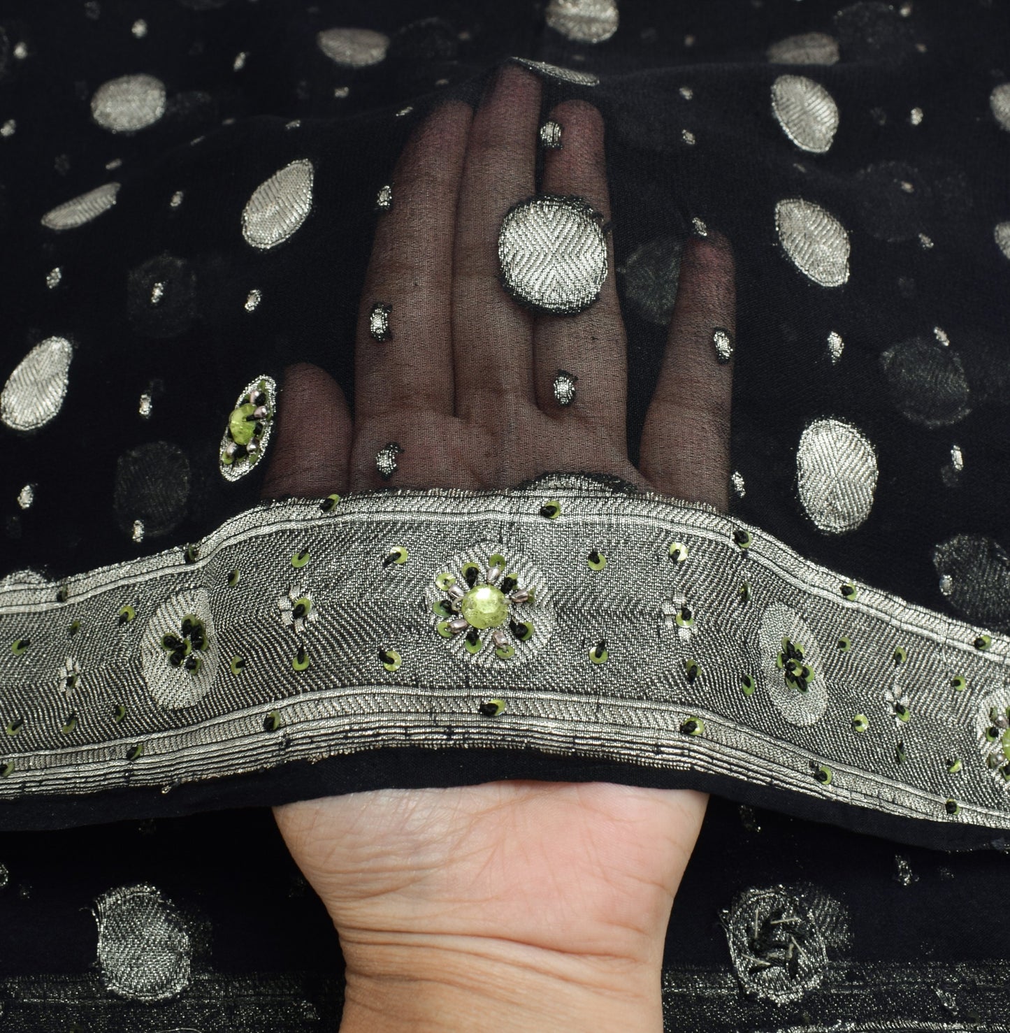 Sushila Vintage Black Dupatta Pure Georgette Zari Brocade Polka Dot Long Stole