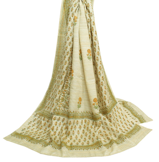 Sushila Vintage Cream Art Silk Dupatta Hand Block Printed Floral Long Stole Wrap