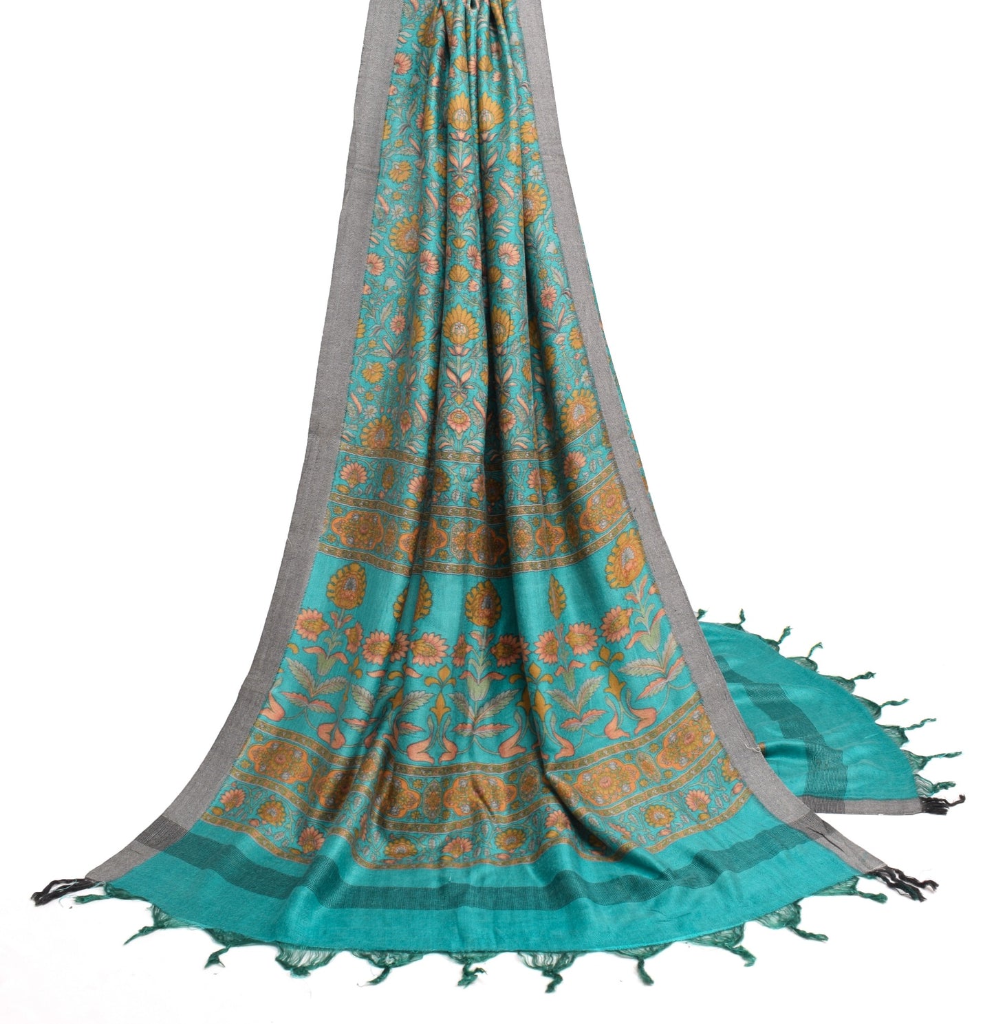 Sushila Vintage 100% Pure Woolen Dupatta  Aqua Blue Floral Woven Long Stole Veil