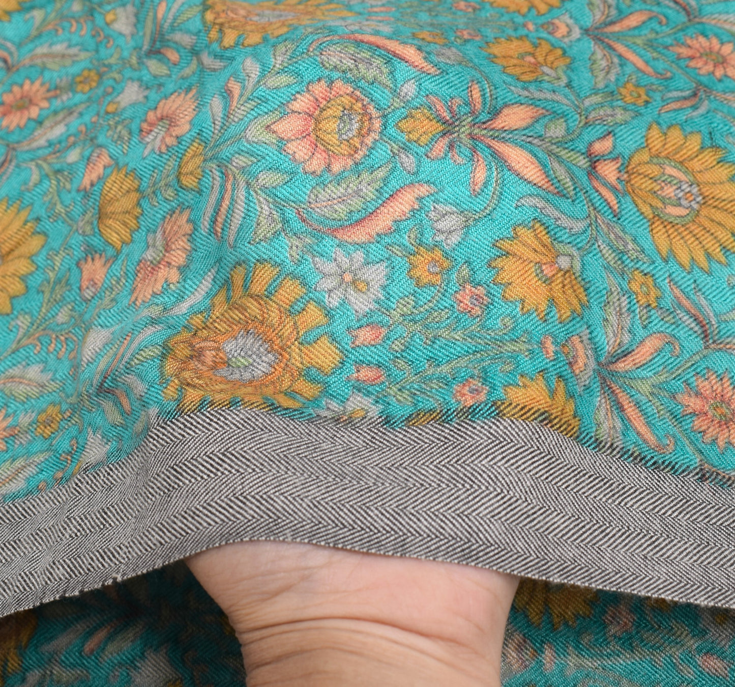 Sushila Vintage 100% Pure Woolen Dupatta  Aqua Blue Floral Woven Long Stole Veil