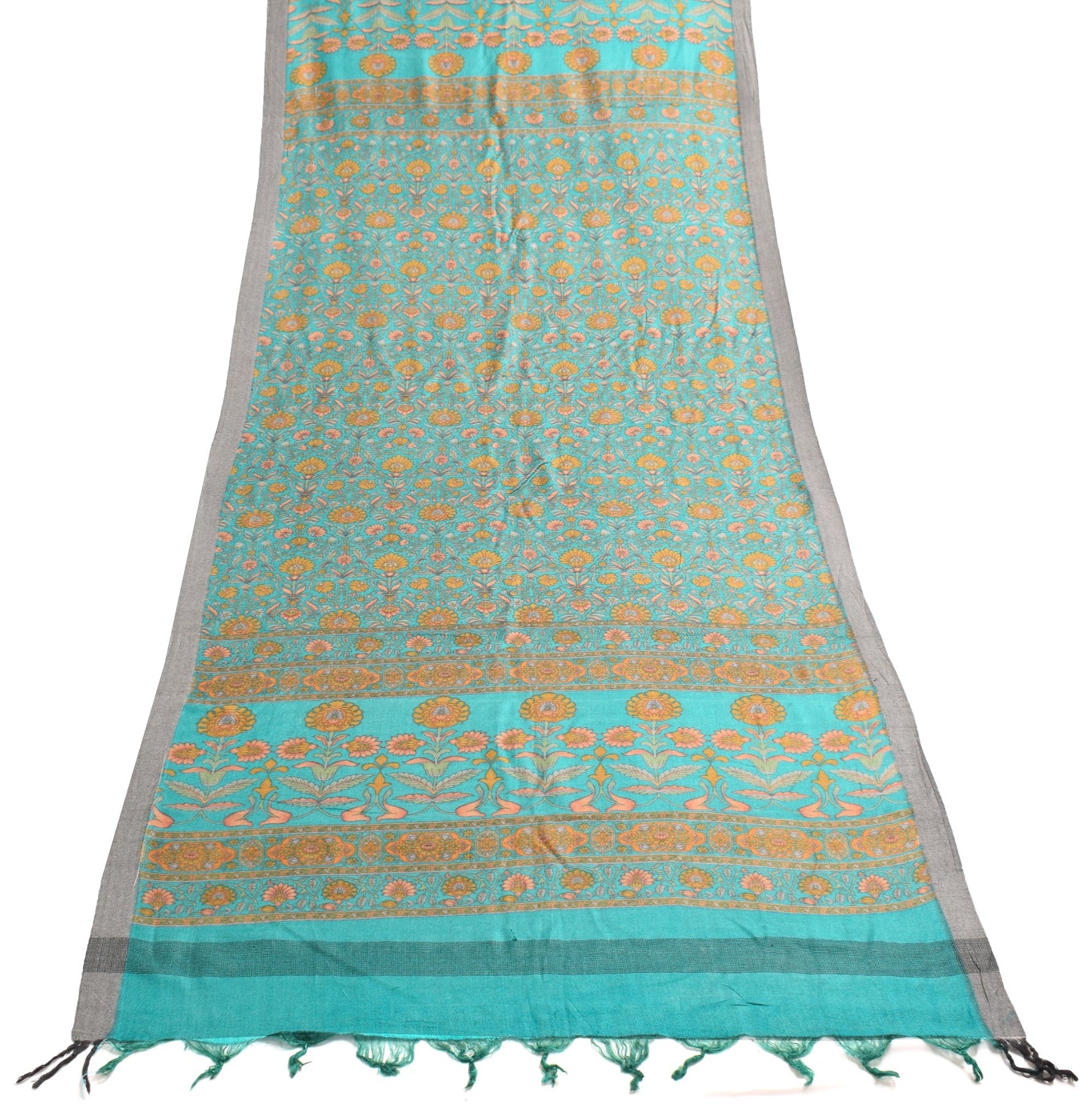 Sushila Vintage 100% Pure Woolen Dupatta  Aqua Blue Floral Woven Long Stole Veil