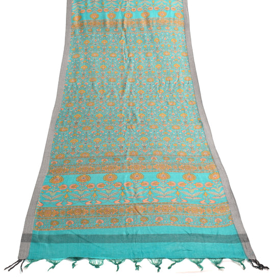 Sushila Vintage 100% Pure Woolen Dupatta  Aqua Blue Floral Woven Long Stole Veil
