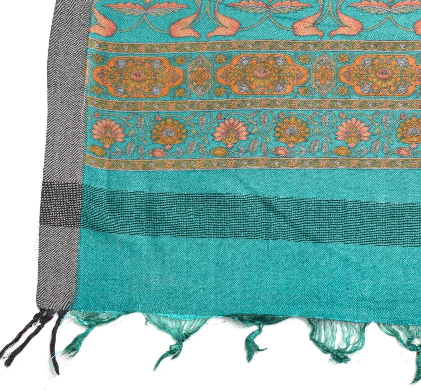 Sushila Vintage 100% Pure Woolen Dupatta  Aqua Blue Floral Woven Long Stole Veil