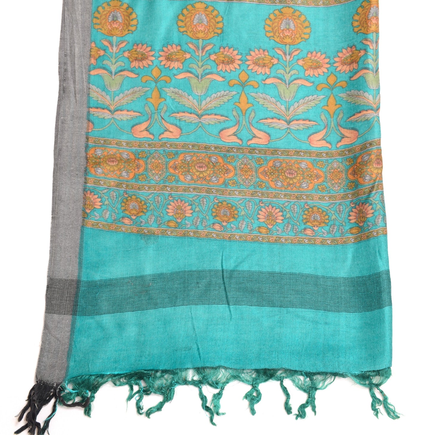 Sushila Vintage 100% Pure Woolen Dupatta  Aqua Blue Floral Woven Long Stole Veil