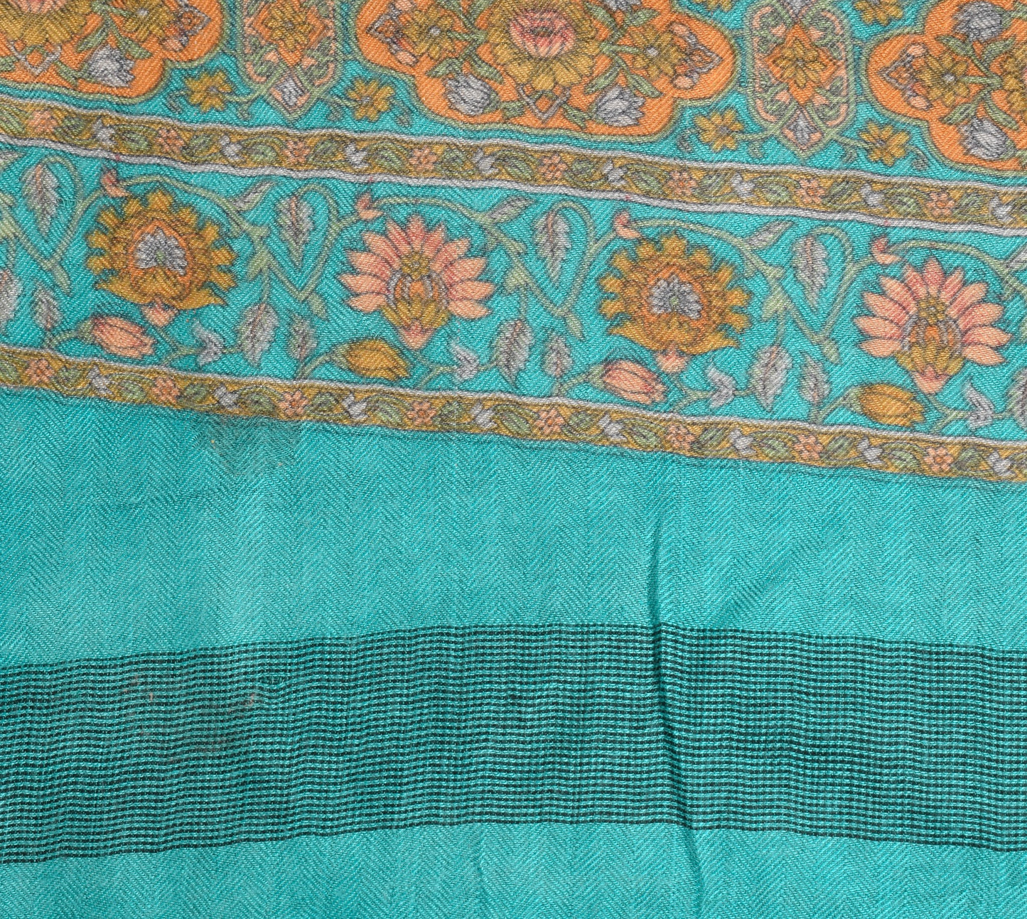 Sushila Vintage 100% Pure Woolen Dupatta  Aqua Blue Floral Woven Long Stole Veil