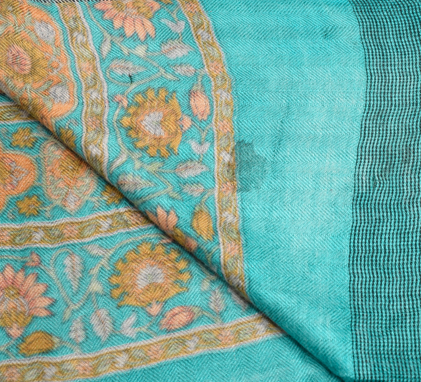 Sushila Vintage 100% Pure Woolen Dupatta  Aqua Blue Floral Woven Long Stole Veil