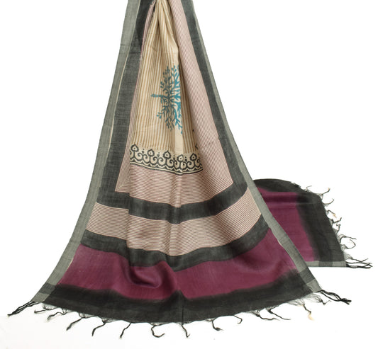 Sushila Vintage Cream Pure Woolen Dupatta Hand Block Printed Long Stole Shawl