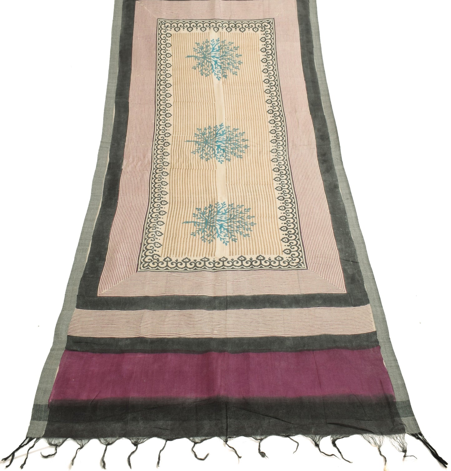 Sushila Vintage Cream Pure Woolen Dupatta Hand Block Printed Long Stole Shawl