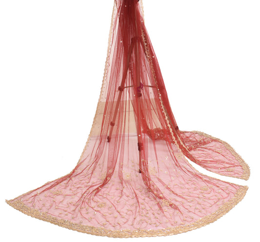 Sushila Vintage Maroon Bridal Dupatta Net Mesh Zari Embroidered Long Stole Wrap
