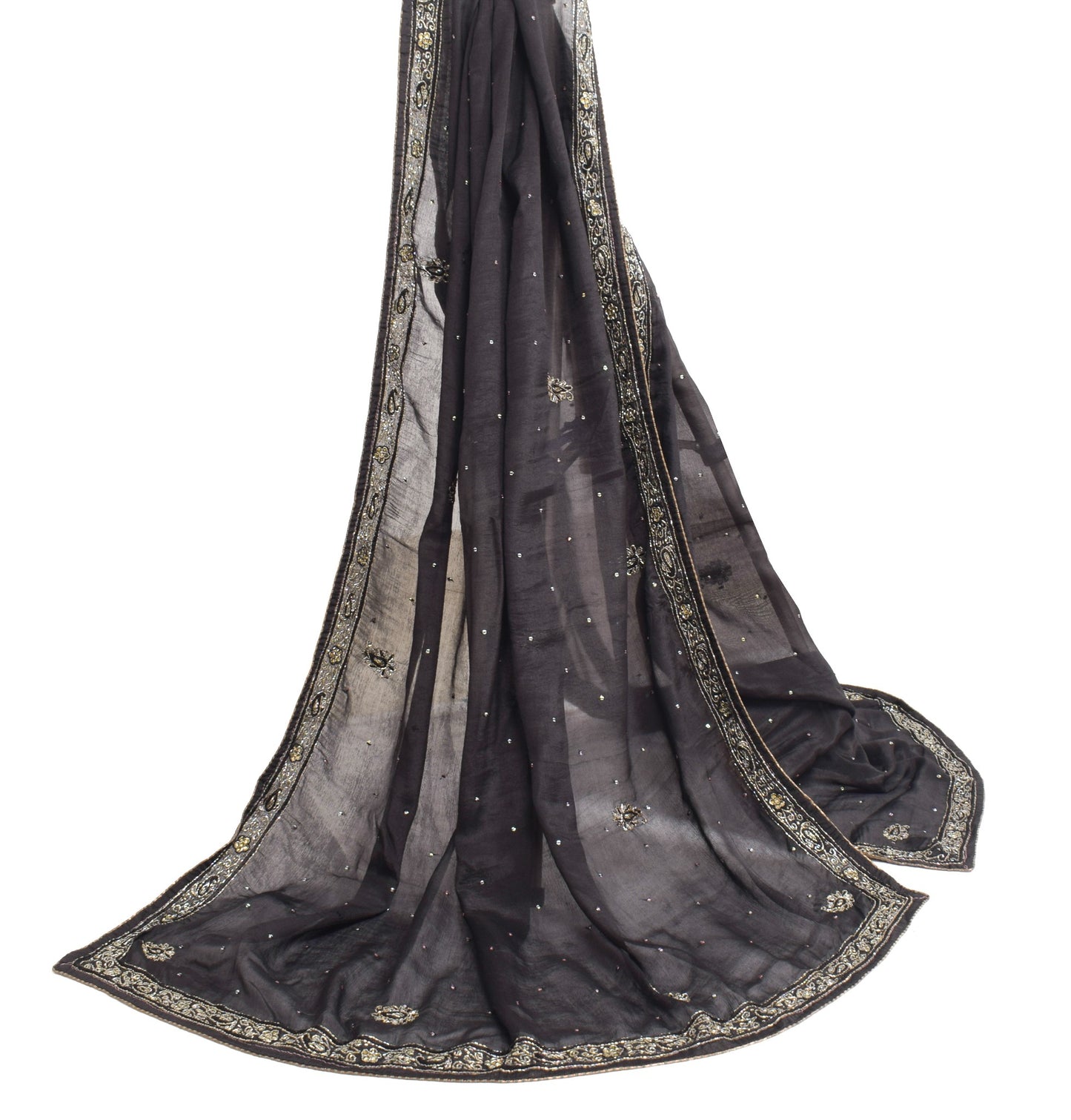 Sushila Vintage Black Art Silk Dupatta Glass Beads Embellish Indian Long Stole