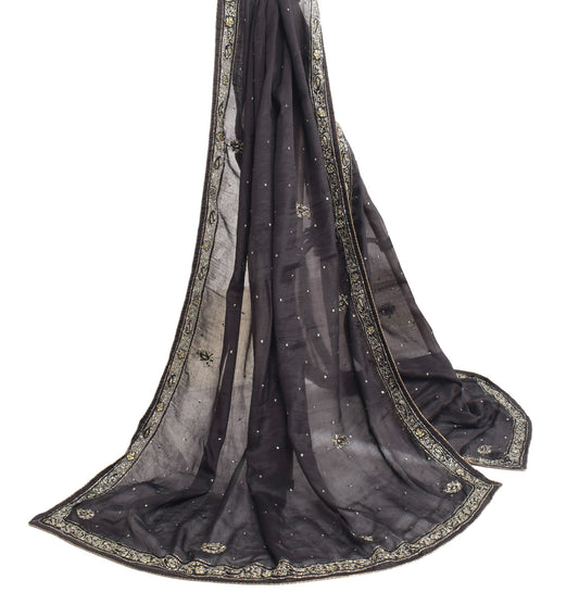Sushila Vintage Black Art Silk Dupatta Glass Beads Embellish Indian Long Stole