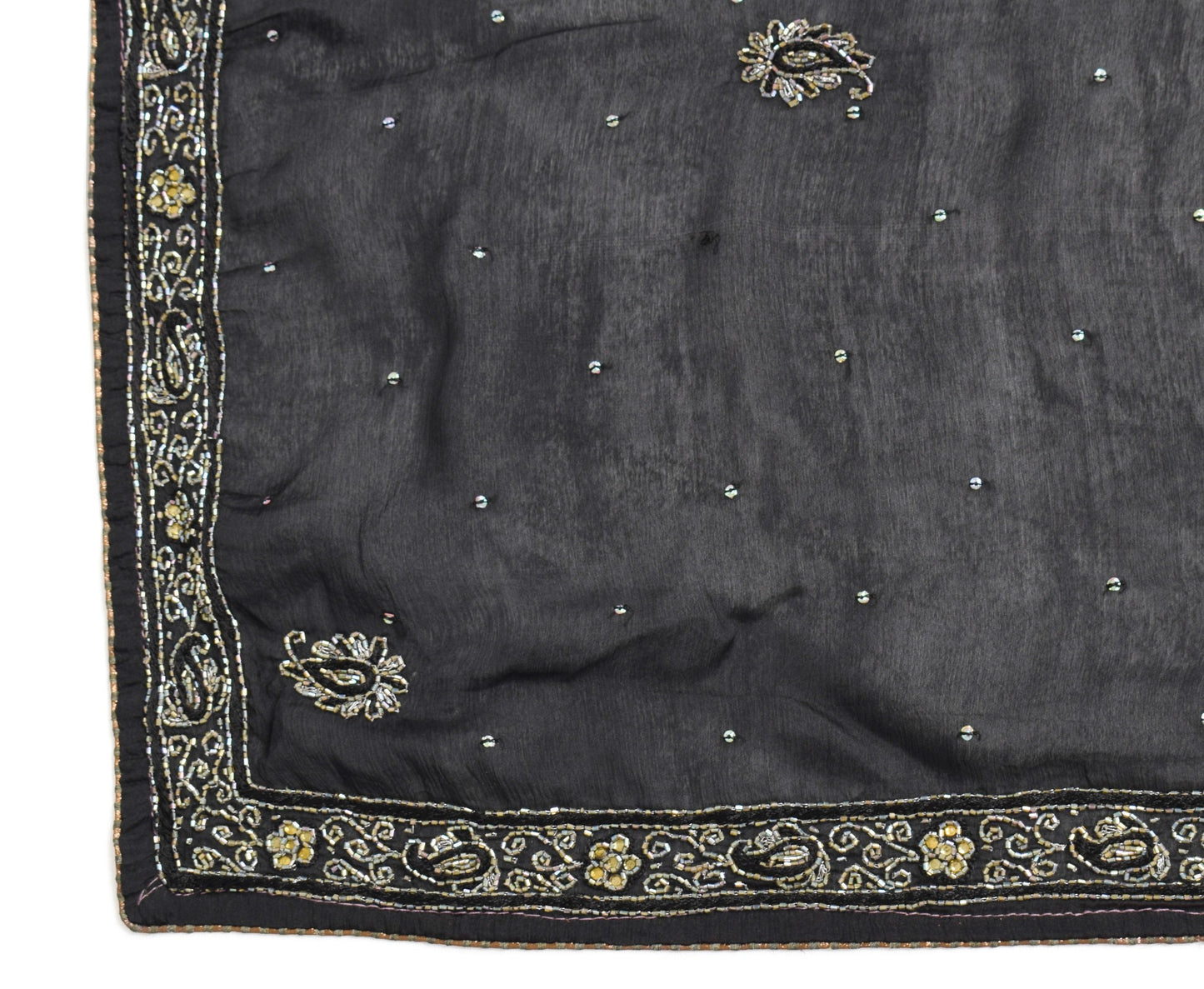 Sushila Vintage Black Art Silk Dupatta Glass Beads Embellish Indian Long Stole
