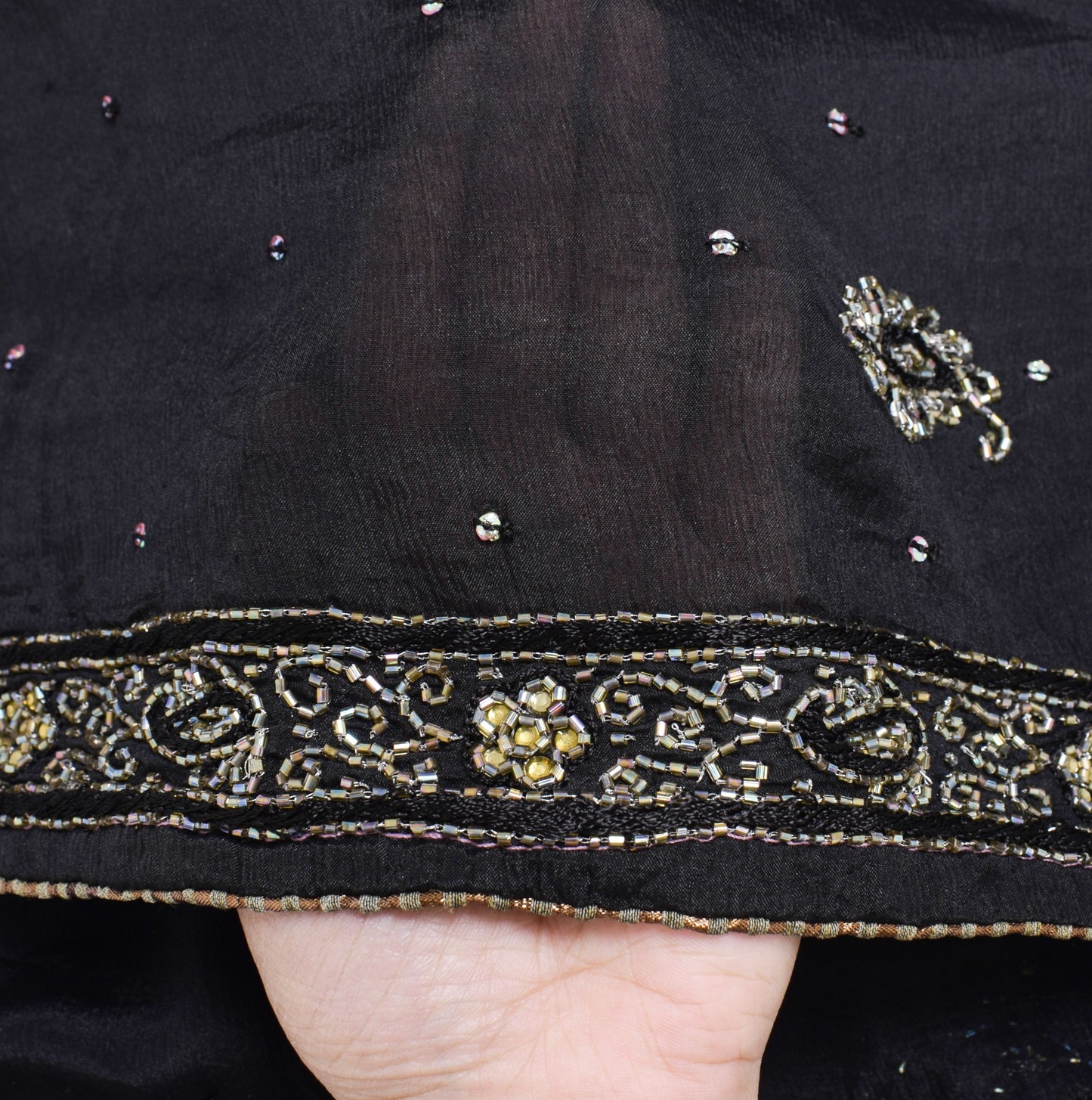 Sushila Vintage Black Art Silk Dupatta Glass Beads Embellish Indian Long Stole