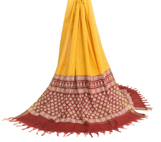 Sushila Vintage Yellow Dupatta 100%Pure Cotton Hand Block Printed Long Stole