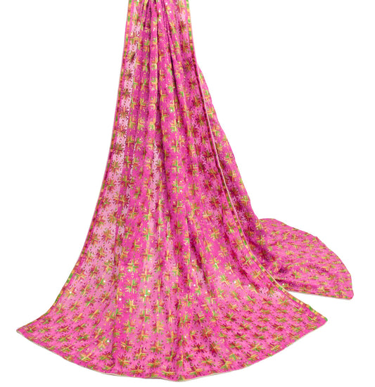 Sushila Vintage Fuchsia Pink Dupatta Art Chiffon Phulkari Embroidered Long Stole
